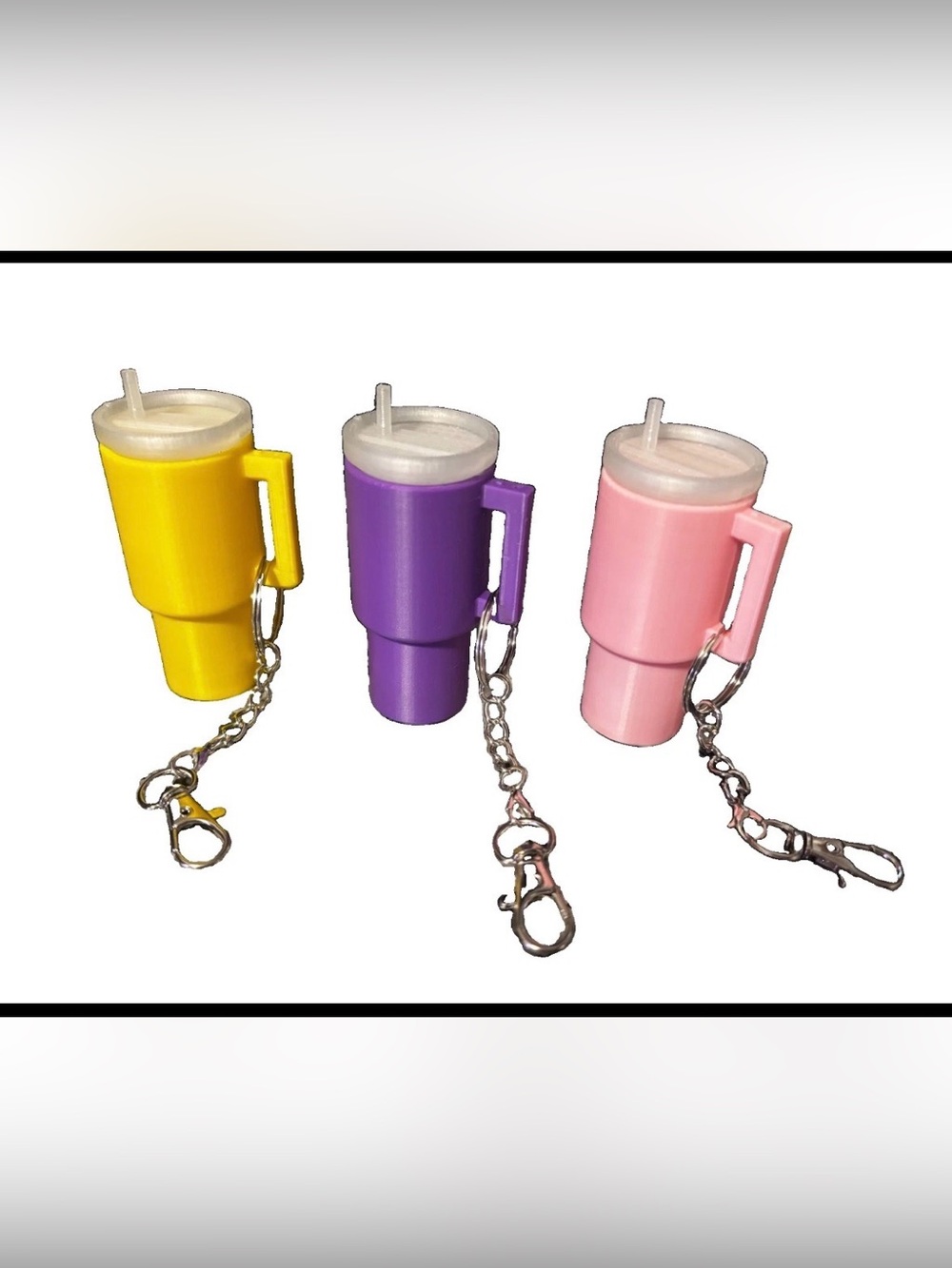 Novelty Cup Keychain Trio - Yellow, Purple & Pink